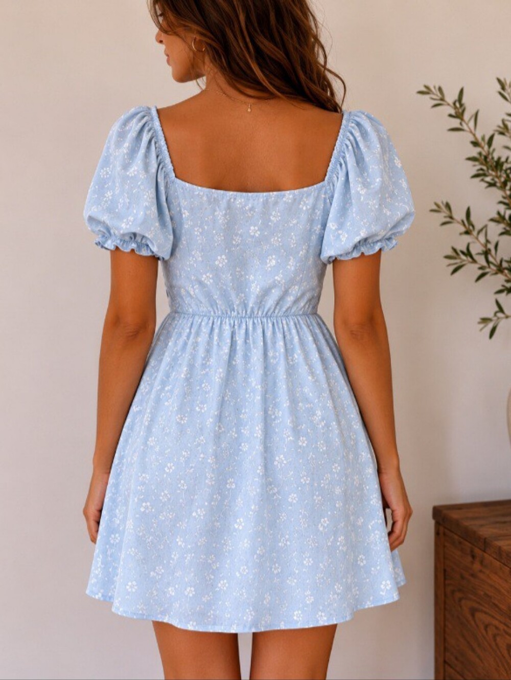 Light Blue Floral Puff Sleeve Mini Dress | Cottagecore Babydoll Dress - Picture 2 of 4